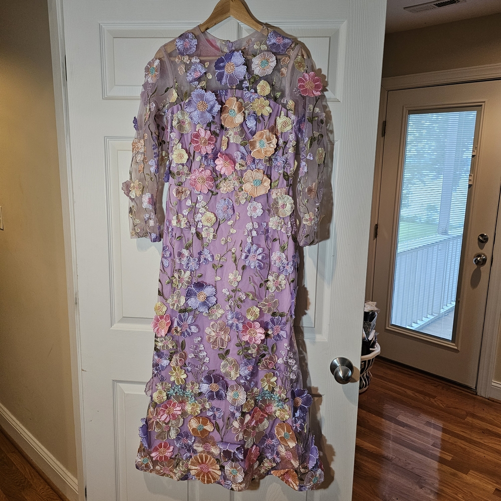 Floral Embroidered Lavender Midi Dress with 3D Appliqués